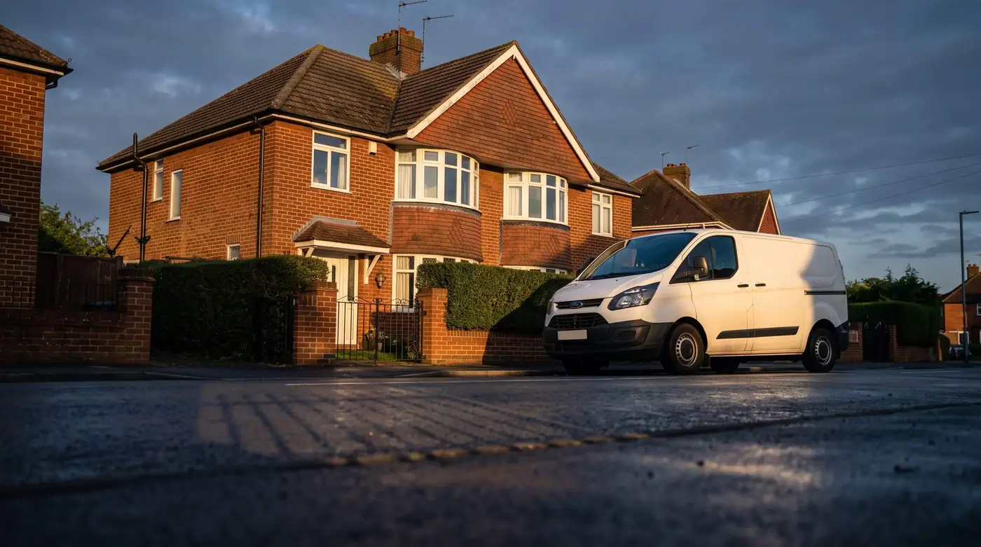 A C2P van parked outside a managed property on a Bedfordshire street in late afternoon light