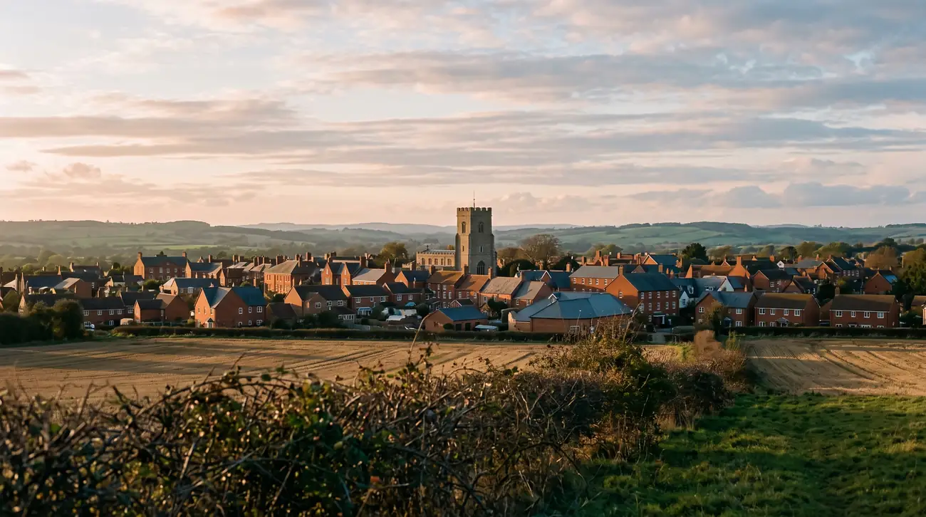 A Bedfordshire market town at the end of the day, seen across open fields