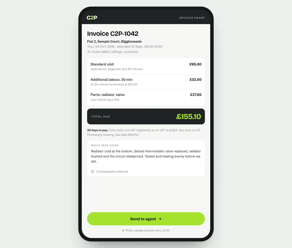 The invoice on a phone: standard visit, additional labour and parts as separate lines, with a total of £155.10 and a send button