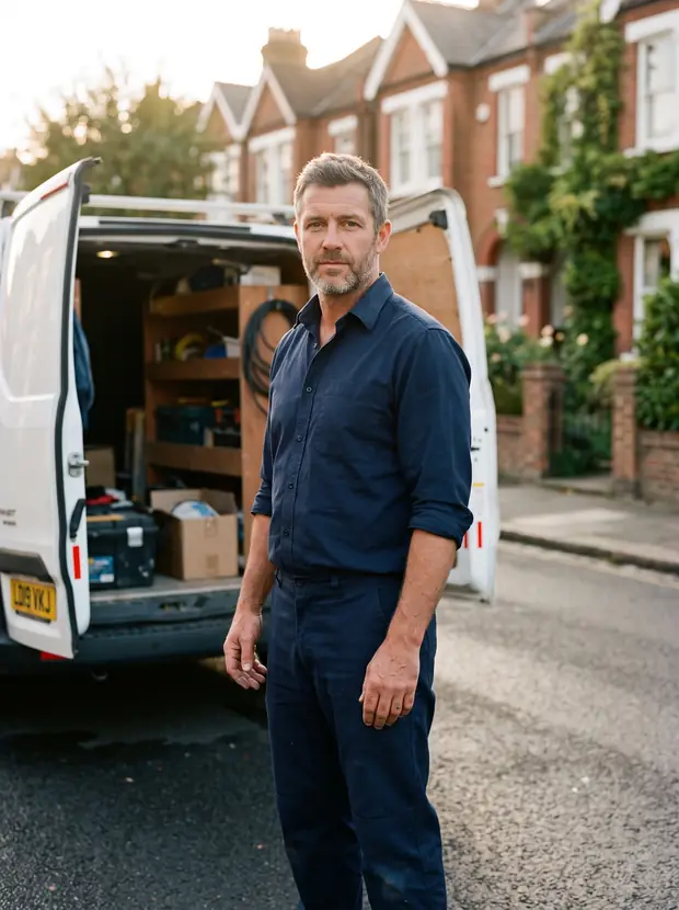 One of the C2P engineers beside the open doors of the van